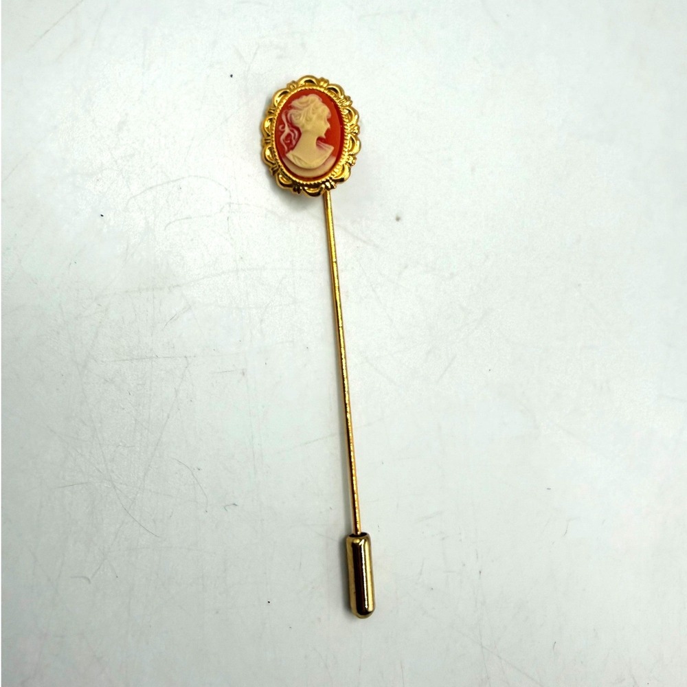 Vintage Cameo Stick Pin Red and Cream Gold Tone Scalloped Frame Hat Lapel Pin